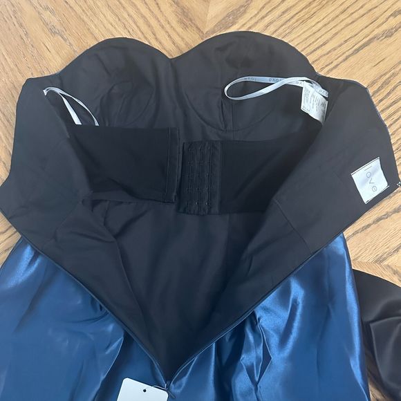 Blue Satin Cocktail Dress Bow Belt Gathered Bustier Strapless Bra Insert Size 8 - Picture 3 of 11